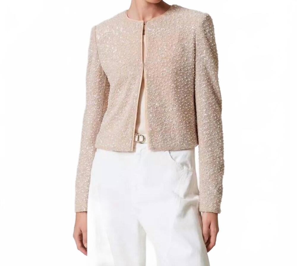 NEW TWINSET sequins and pearl jacket in snow/delicate beige